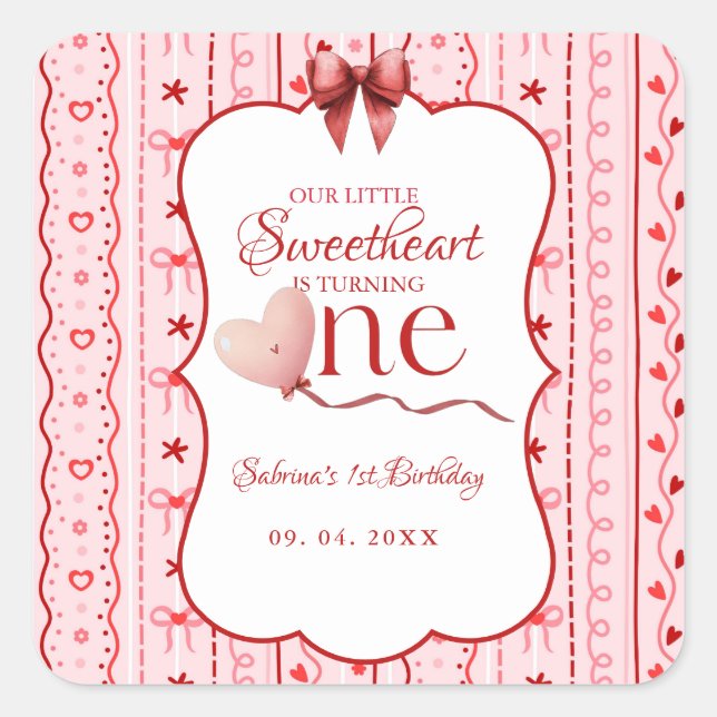 First Birthday valentine baby birthday party Square Sticker (Front)