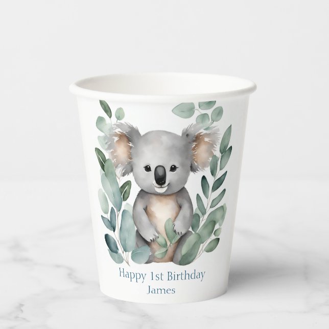 First Birthday Watercolor Koala Bear Birthday  Paper Cups (Front)