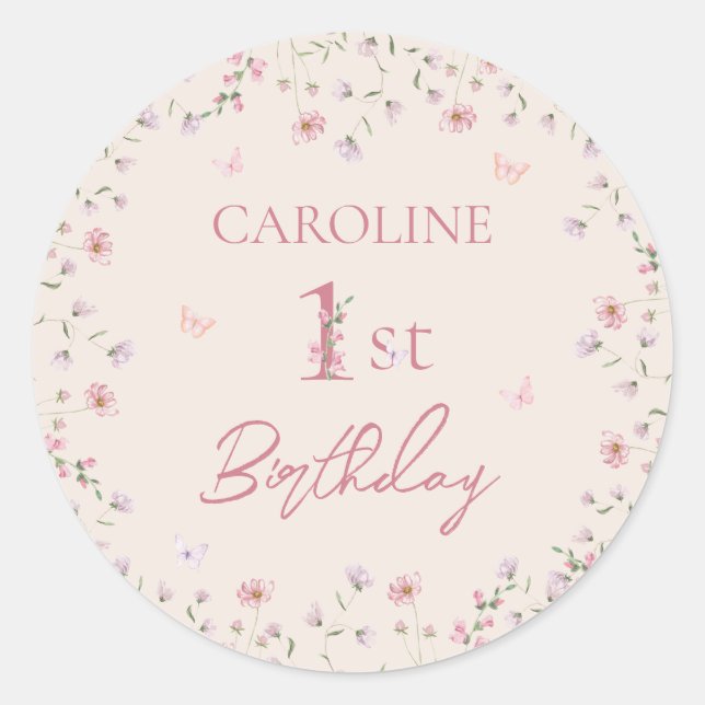 First Birthday Watercolor Wildflower Butterfly Classic Round Sticker (Front)