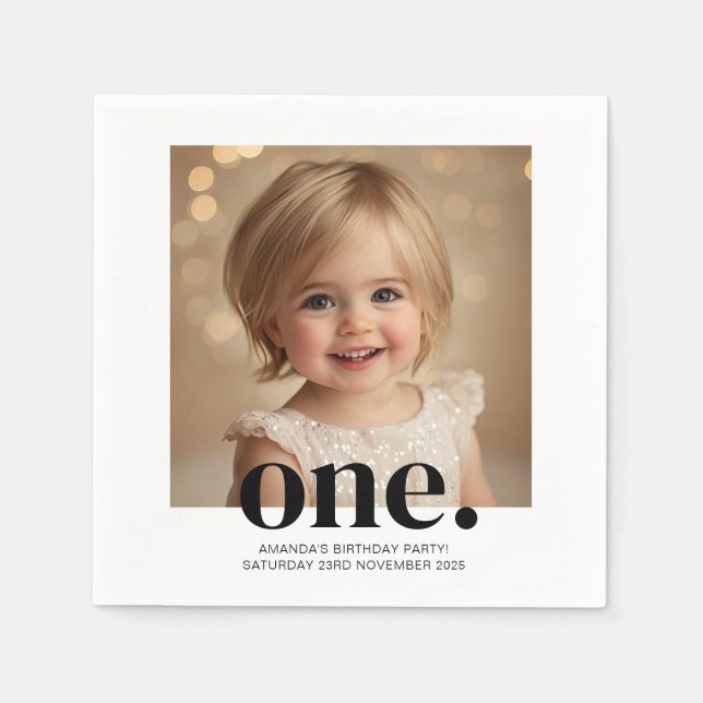 First Bithday Photo Acrylic Sign in Black & White Napkin (Front)