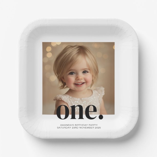 First Bithday Photo Acrylic Sign in Black & White Paper Plate (Front)