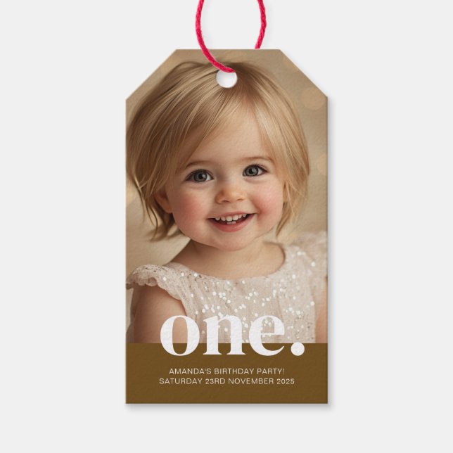 First Bithday Photo Gift Tag in Brown & White (Front)