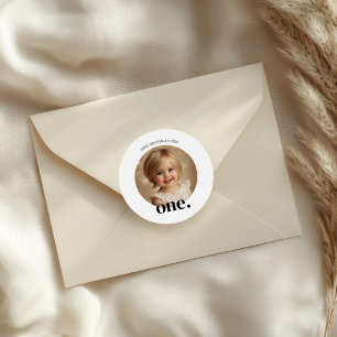 First Bithday Photo Round Sticker in Brown & White