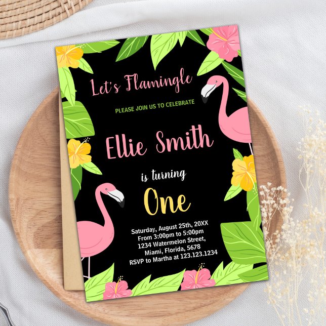 First Black Green Flamingo Birthday Invitations (First Black Green Flamingo Birthday Invitations)