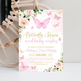 First Butterfly Kisses Pink Butterfly Birthday Invitation