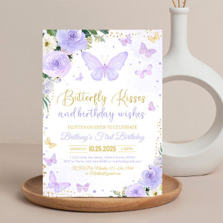 First Butterfly Kisses Purple Butterfly Birthday Invitation