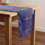 First Candle of Hanukkah Festival of Lights Party Medium Table Runner<br><div class="desc">First Candle of Hanukkah. Happy Hanukkah Festival of lights party invitation beauty Jewish holiday card. Beautiful Jewish Holiday Chanukkah background with traditional Chanukah decorative symbols - wooden dreidels (spinning top), doughnuts, hanukkiah menorah, candles, star of David and glowing lights wallpaper gold hanukkiah navy blue pattern pattern. Hanukkah festival of lights...</div>