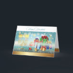 First Candle of Hanukkah Festival of lights party Thank You Card<br><div class="desc">First Candle of Hanukkah. Happy Hanukkah Festival of lights party invitation beauty Jewish holiday card. Beautiful Jewish Holiday Chanukkah background with traditional Chanuka decorative symbols - wooden dreidels (spinning top), doughnuts, hanukkiah menorah, candles, star of David and glowing lights wallpaper gold pattern. Hanukkah festival of lights event decoration. Jerusalem, Israel....</div>