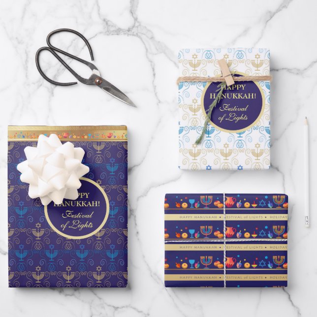 First Candle of Hanukkah Festival of Lights Party  Wrapping Paper Sheet (Front)