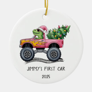 First Car Personalized Dinosaur Monster Truck Ceramic Ornament