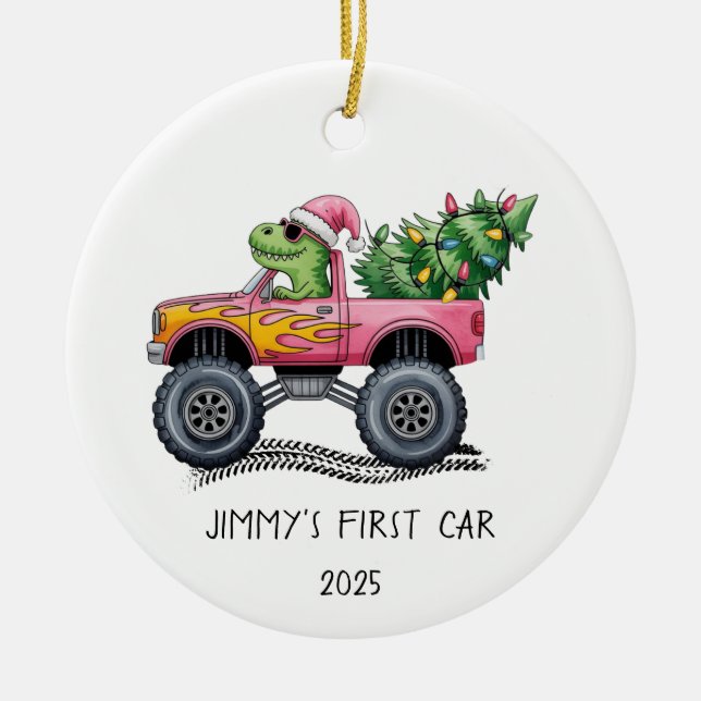 First Car Personalized Dinosaur Monster Truck Ceramic Ornament (Front)