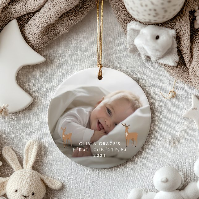 First Christmas 1 photo baby details deer Ceramic  Ornament (Creator Uploaded)
