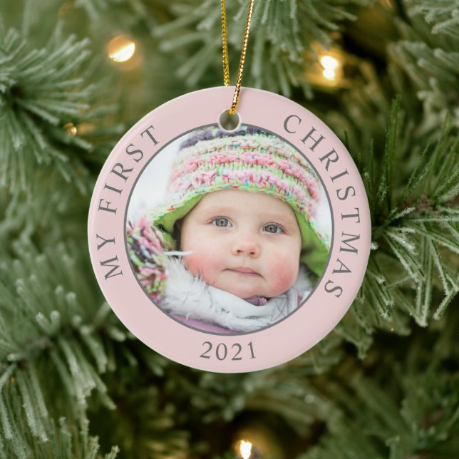 First Christmas 2 Photo Template Holiday Ceramic Ornament (Tree)