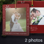 First Christmas 2 photos Mr and Mrs couple red Ceramic Ornament<br><div class="desc">Minimalist modern merry and married new Mr and Mrs wedding newlyweds couple photo double sided personalized keepsake red Christmas tree ornament template with a trendy handwritten signature style faux silver grey calligraphy script and a snowflake.              Easy to personalize on both sides with your text and pictures.</div>