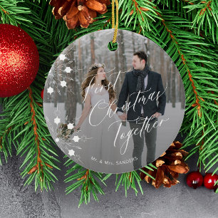 First Christmas 2 photos newlyweds elegant wedding Ceramic Ornament