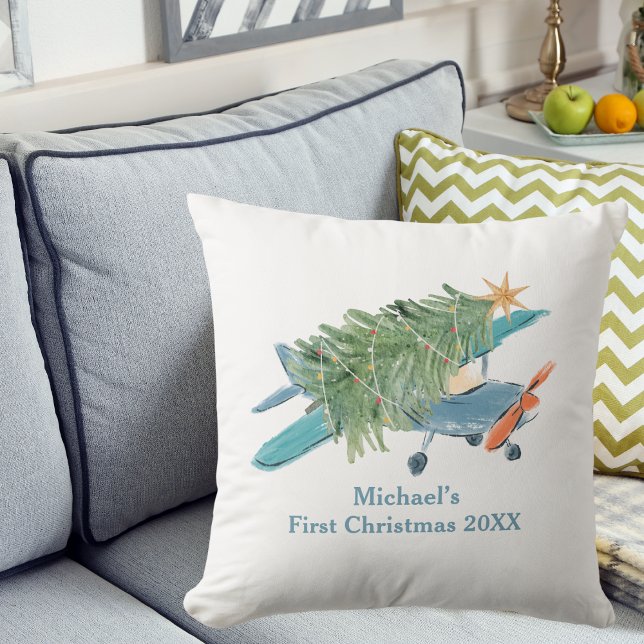 First Christmas Airplane Tree Travel Personalized Throw Pillow (Creator Uploaded)