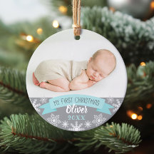 First Christmas Aqua Blue Baby Boy Photo