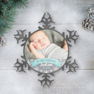First Christmas Aqua Blue Baby Boy Photo Snowflake Pewter Christmas Ornament
