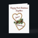 First Christmas as a Couple, Evergreens Hearts Holiday Card<br><div class="desc">This Christmas card is to wish a new couple a Happy Christmas. It is suitable for any couple that is celebrating Christmas together for the first time. You can change the text to any you want, including the names in the hearts. The design on the front has two entwined gold...</div>