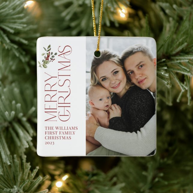 First Christmas as a Family Berry Greenery 2 Photo Ceramic Ornament (Tree)