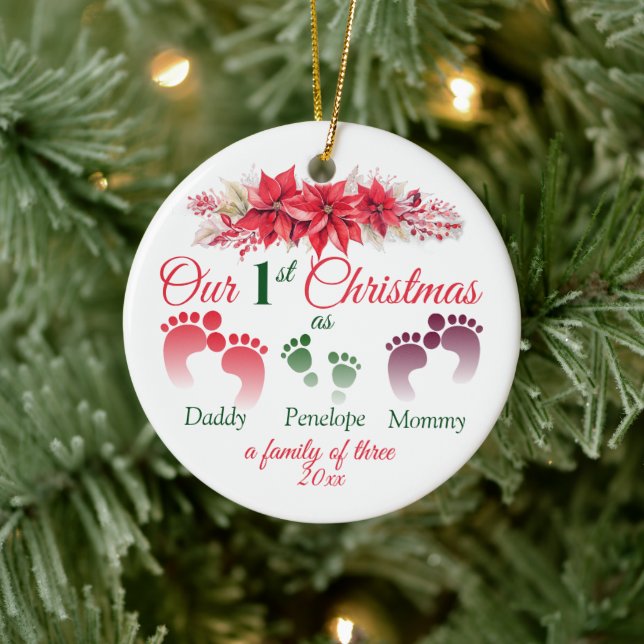 First Christmas As A Family Of 3 Poinsettia Ceramic Ornament (Tree)