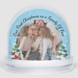 First Christmas as a Family of Five Custom 2 Photo Snowglobe<br><div class="desc">Celebrate your first Christmas as a family of five with this heartwarming custom snow globe design. Featuring a joyful family photo framed by a snowy blue background, playful snowflakes, and festive white Christmas trees, this keepsake captures the magic of your growing family. The handwritten-style curved text adds a personal, cozy...</div>