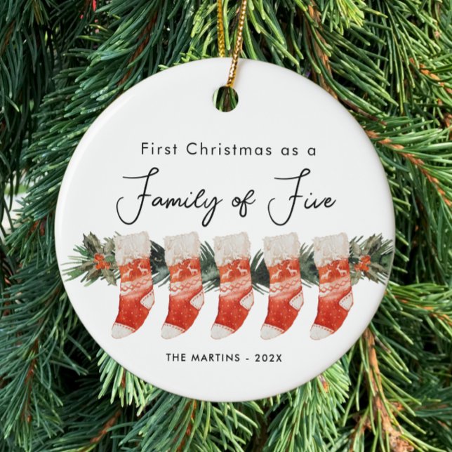 First Christmas as a Family of Five Stockings Ceramic Ornament (Creator Uploaded)