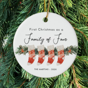 First Christmas as a Family of Four Stockings Ceramic Ornament