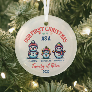 First Christmas As A Family of Three Cute Snowmen Glass Ornament