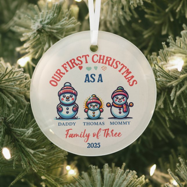 First Christmas As A Family of Three Cute Snowmen Glass Ornament (Insitu)