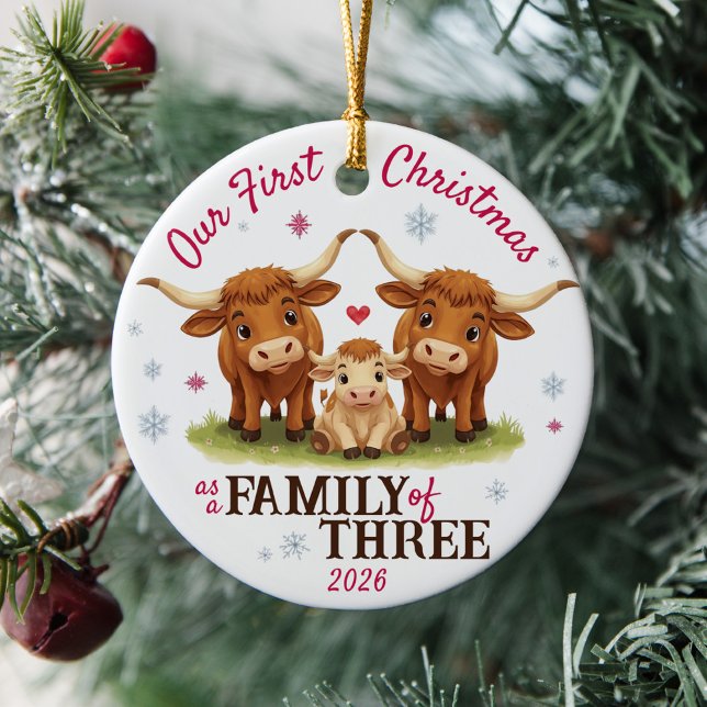 First Christmas as a Family of Three Longhorn Cows Ceramic Ornament (Our First Christmas as a Family of Three Texas Longhorn cows farm animals custom holiday ornament)