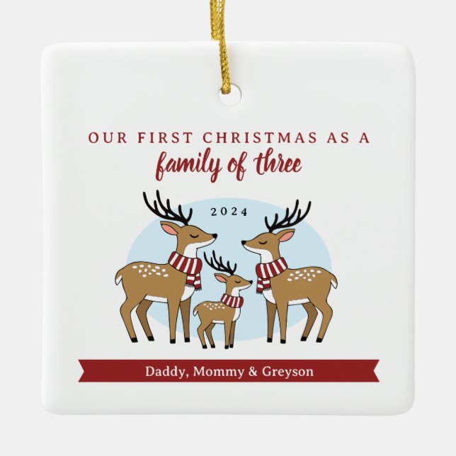 First Christmas as a Family of Three Photo Ceramic Ornament (Front)