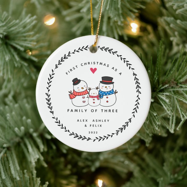First Christmas As A Family Of Three Snowmen Ceramic Ornament (Tree)
