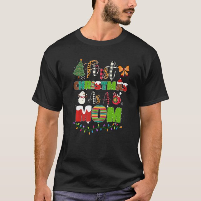 First Christmas As A Mom Leopard Plaid Christmas T-Shirt (Front)