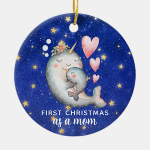 First Christmas As A Mom Narwhal Whale Custom Ceramic Ornament