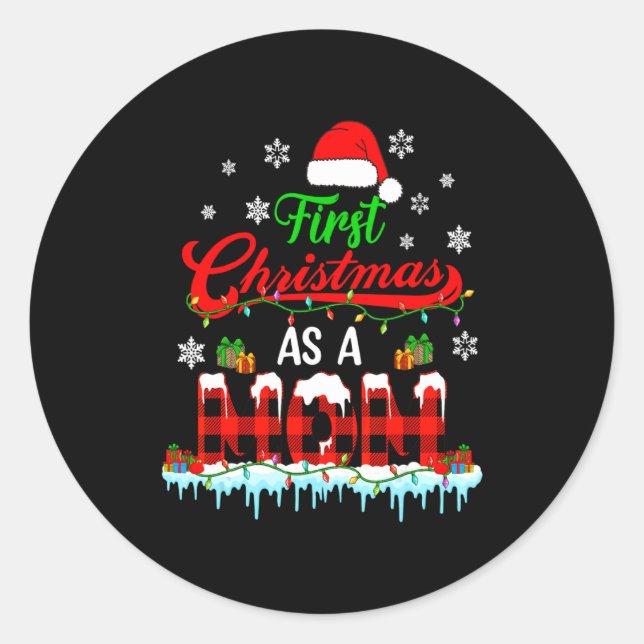 First Christmas As A Mom Plaid Xmas Expecting New  Classic Round Sticker (Front)