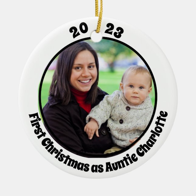First Christmas As Aunt 2 Photo Modern Typography Ceramic Ornament (Front)