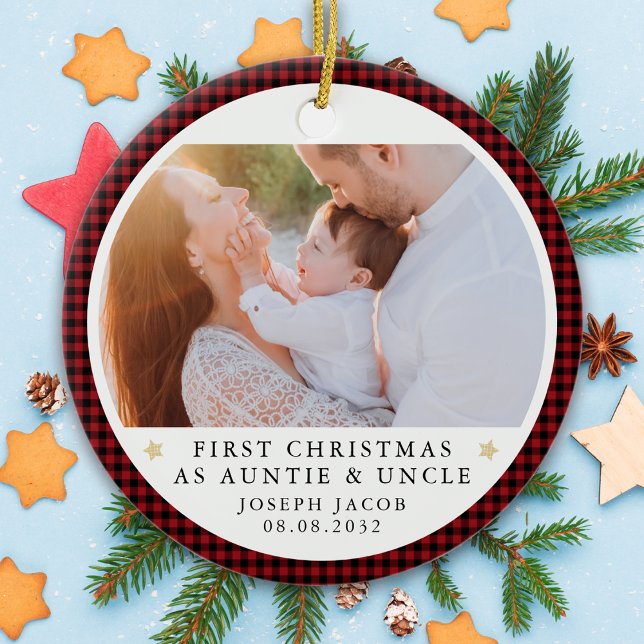 First Christmas as Auntie & Uncle Photo Plaid Ceramic Ornament (Creator Uploaded)