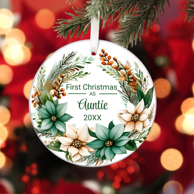 First Christmas as Auntie White Green Poinsettias Ceramic Ornament (Creator Uploaded)