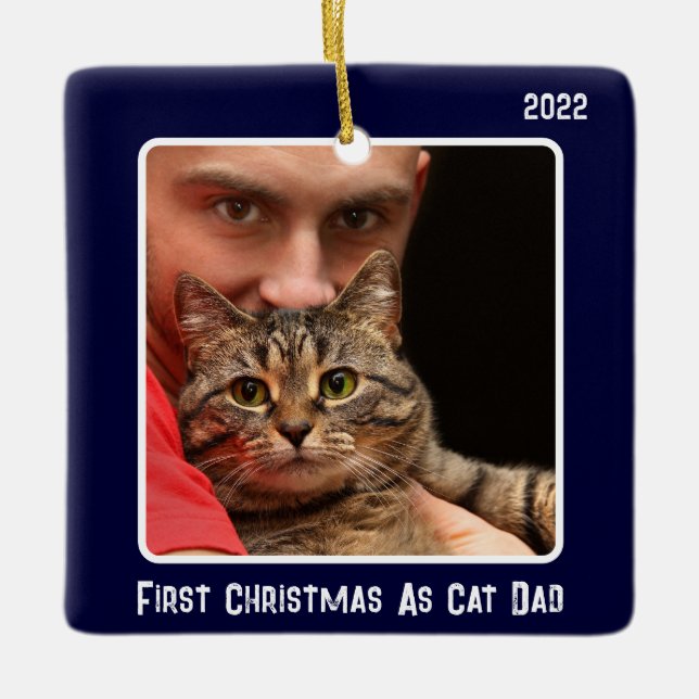 First Christmas As Cat Dad 2 Cat Photo Navy Blue Ceramic Ornament (Front)