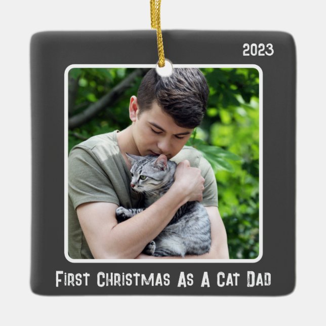 First Christmas As Cat Dad 2 Photo Grey Modern Ceramic Ornament (Front)