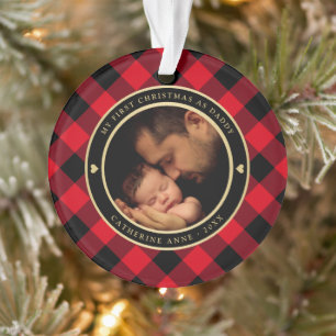First Christmas as Dad Rustic Red Plaid Photo Ornament