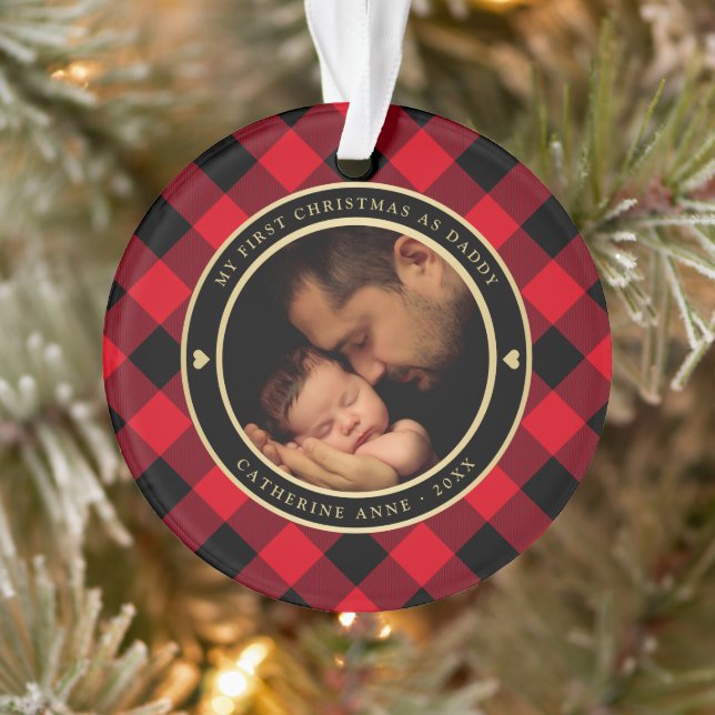 First Christmas as Dad Rustic Red Plaid Photo Ornament (Tree)
