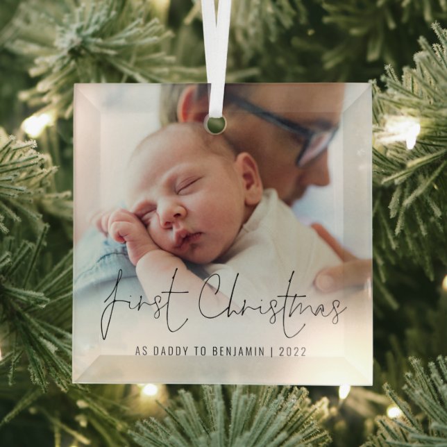  First Christmas As Daddy Photo Overlay Glass Ornament (Insitu)