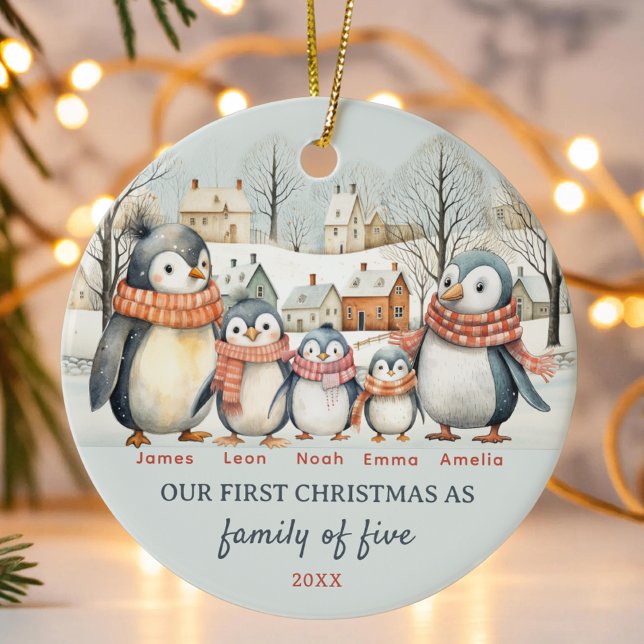 First Christmas as Family of Five penguins Custom Ceramic Ornament (Creator Uploaded)