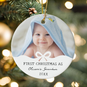 First Christmas As Grandma Bow Custom Photo Ceramic Ornament