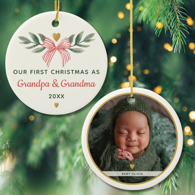 First Christmas As Grandma Grandpa Baby Photo Name Ceramic Ornament (Creator Uploaded)