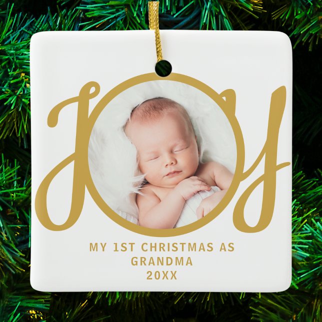 First Christmas As Grandma Photo Gold Script Ceramic Ornament (Creator Uploaded)
