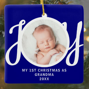 First Christmas As Grandma Photo Keepsake Blue Ceramic Ornament