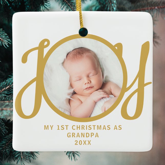 First Christmas As Grandpa Photo Gold Script Ceramic Ornament (Creator Uploaded)